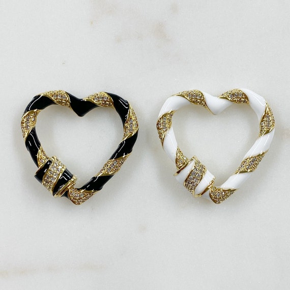 Large Heart Shaped Enamel Carabiner Cubic Zirconia Detail Gold Plated Clasp Choose Your Color Black or White