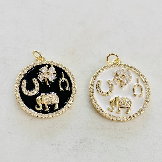 Good Luck CZ Coin Charm Four Leaf Clover, Horseshoe, Wishbone, Elephant Gold Plated Black or White Enamel