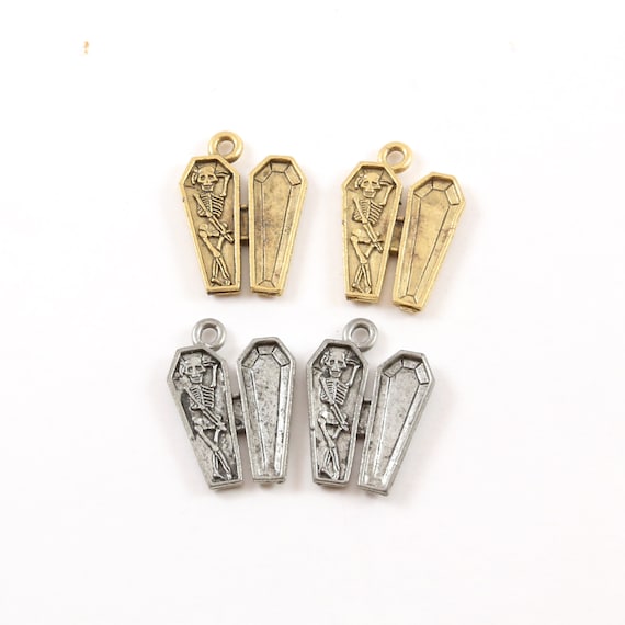 2 Pieces Pewter Skeleton in Coffin Charm Pendant Halloween Skeletons Day of the Dead Charm in Antique Gold, Antique Silver