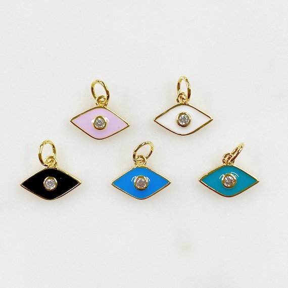 Dainty Gold Plated Evil Eye Protector Charm With CZ Eye Choose Your Color Black, Pink, Blue, White, Turquoise