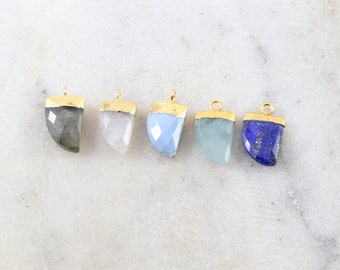 Beautiful Gemstone Curved Point Horn Charm 1 Loop Pendant Drop Charm / Gold Plated/ Lapis, Labradorite, Moonstone, Aqua, Pacific Opal