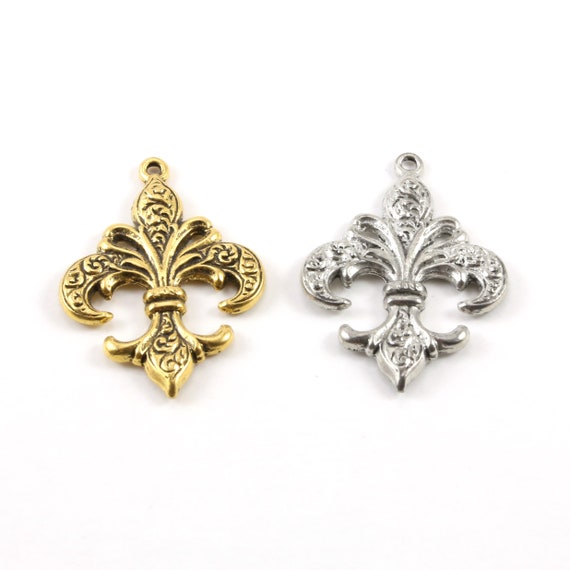 Fleur De Lis Swirl Design Pendant Pewter Necklace Charm 27mm x 39mm in Antique Gold or Antique Silver