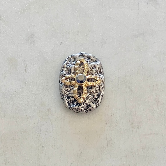 Unique Pewter Base  Metal Textured Modern Cross Oval Shape Gold Cross with Rhinestone in Center Spiritual Catholic Christianity Charm