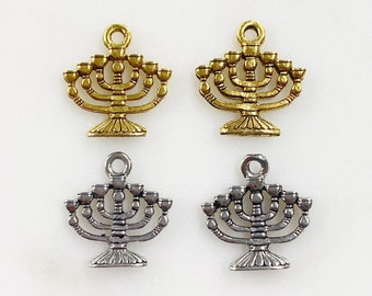 2 Pieces Detailed Pewter Menorah Hanukkah Candles Charm Jewish Religious Pendant 14mm x 14mm