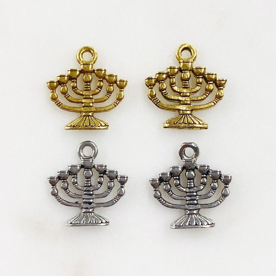 2 Pieces Detailed Pewter Menorah Hanukkah Candles Charm Jewish Religious Pendant 14mm x 14mm