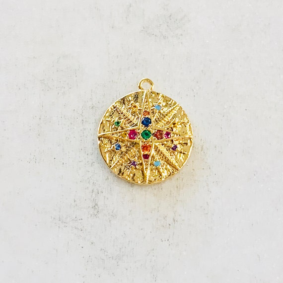 Rainbow CZ North Star Charm Coin Round Circle Gold Drop Charm Starburst Gold Plated 16mm Celestial Star Disc Gold Medallion