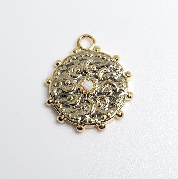 15 mm Gold Celestial Coin Pendant Charm with Opal Stone Protector Brass Necklace Charm 2mm Lab Opal Colored Cab