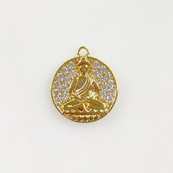 Unique Coin Clear CZ Pave Buddha Ohm Gold Plated Coin Yoga Buddhist Mantra Charm