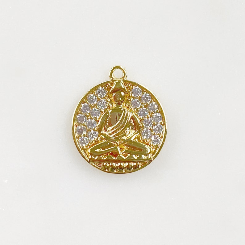 Unique Coin Clear CZ Pave Buddha Ohm Gold Plated Coin Yoga Buddhist Mantra Charm image 1