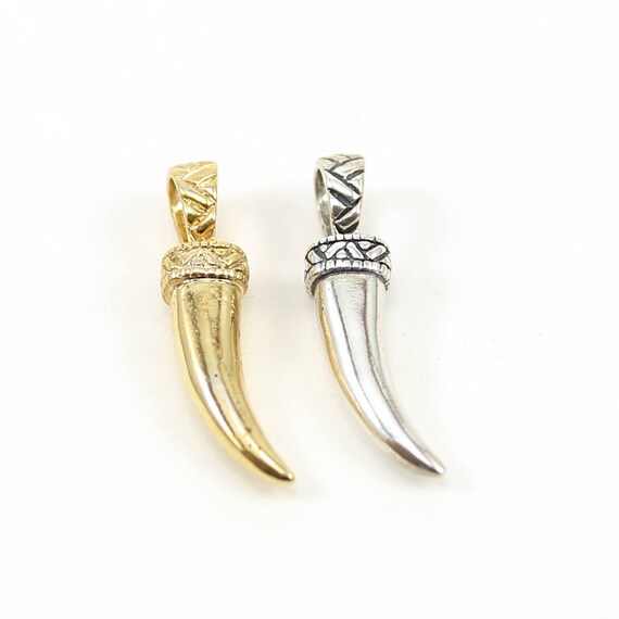 Large Detailed Curved Horn Point Dagger Charm Pendant in Sterling Silver or Vermeil Gold Tribal Charm