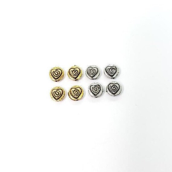4 Pieces Pewter Round Flat Layered Swirl Heart Design Bead , Love, Antique Gold, Antique Silver, Love, Bracelet, Jewelry, Top to Bottom Hole