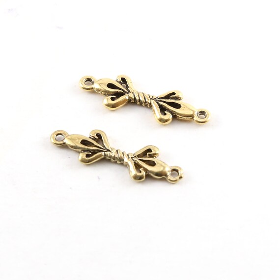 2 Pieces Antique Gold Pewter Metal Bow Fleur De Lis Connector Link Charm 2 Loop Charm