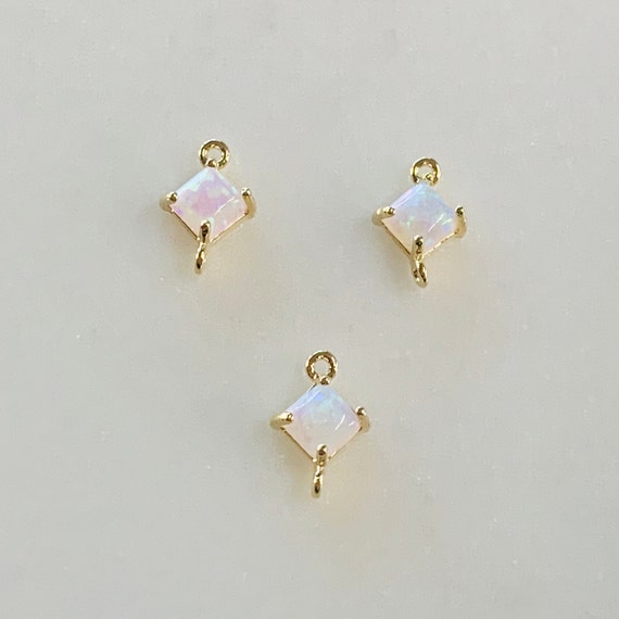 1 Piece Tiny Square Opal Connector Gold Plated Dainty Bezel  9mm x  6mm Gold Rimmed Gemstone Connector