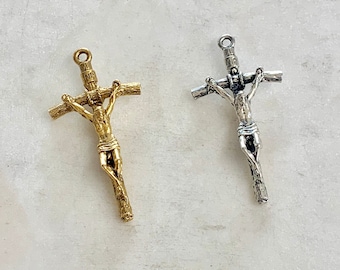 Large Pewter Base Metal Crucifix Jesus Cross Charm Pendant Religious Spiritual Catholic Christianity Charm