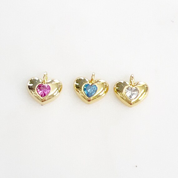 Cute Gold Plated Cubic Zirconia Thick Heart Charm Pendant, Valentine"s Day Mother's Day, Friendship, Choose your Color Pink, Blue or Clear
