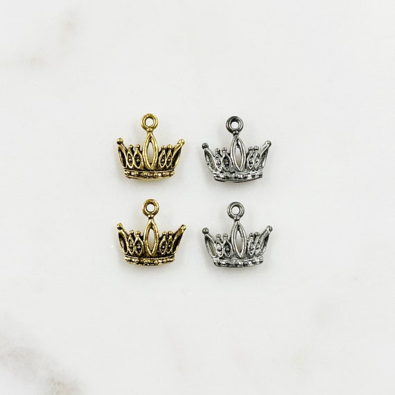 2 Pieces Small Detailed Pewter Crown Charm with Loop in Antique Gold or Antique Silver