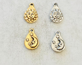 2 pieces pewter smiling sun sunshine charm with moon and stars on back tear drop shape celestial pendant  antique gold antique silver