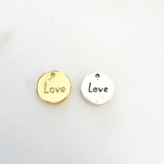 Sterling Silver or Vermeil Gold Small Double Sided Coin Circle Disc Stamped with Love Charm Pendant