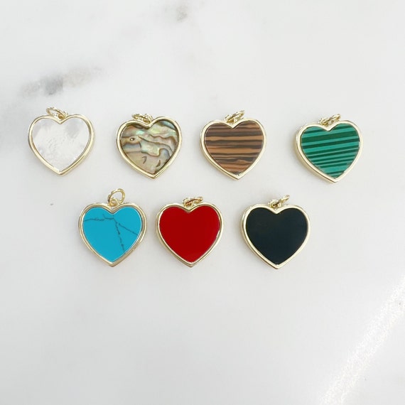 Gold Plated Heart Charm Choose Your Color Mother of Pearl, Abalone, Faux Tiger's Eye, Magnesite, Malachite , Black Onyx or Red Enamel Heart