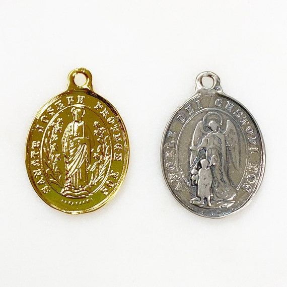 Vermeil Or Sterling Silver Catholic Saint Joseph Guardian Angel Rosary Prayer Pendant Charm Double Sided Charm
