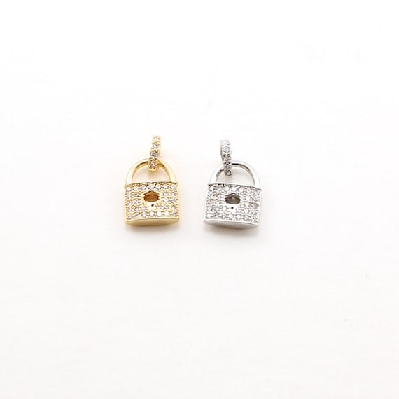 Pave CZ Detailed Lock Rhodium Plated Charm in Silver or Gold Jewelry Making Supplies