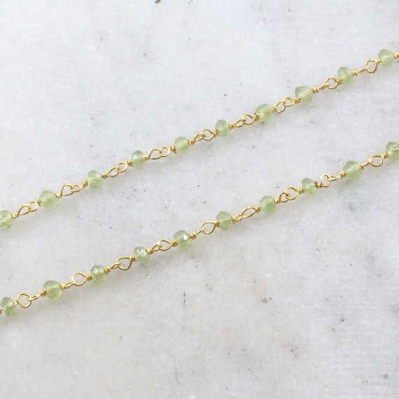 Dainty Vermeil Gold Peridot Green Rosary Beaded Wire Wrapped Chain / Sold by the Foot / Bulk Unfinished Chain / August Birthstone