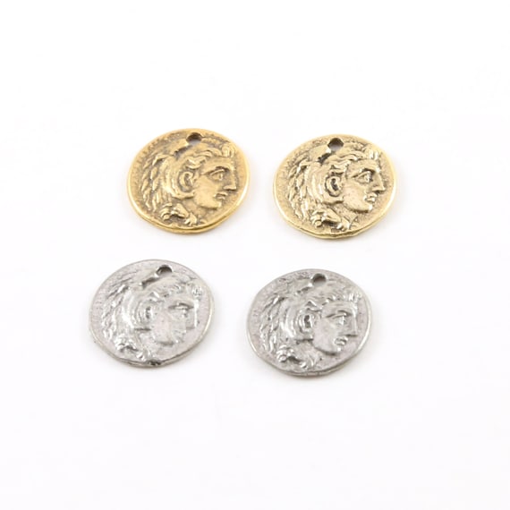 2 Pieces Tiny Small Ancient Greek Coin Symbol Double Sided Medallion Charm Pendant Pewter Antique Gold or Antique Silver