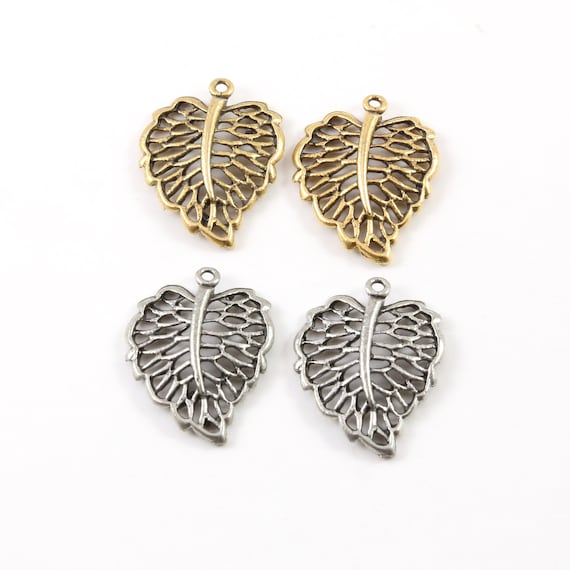 2 Pieces Lined Leaf Pewter Leaf Nature Pendant Antique Gold, Antique Silver