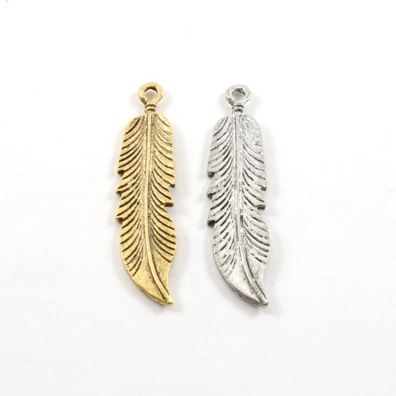 Large Pewter Western Feather Boho Bohemian Charm Jewelry Making Supplies Necklace Pendant Antique Gold, Antique Silver
