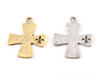 Fleur De Lis Stamped Edge Cross Pendant Pewter Religious Spiritual Catholic Necklace Charm 25mm x 30mm in Antique Gold or Antique Silver
