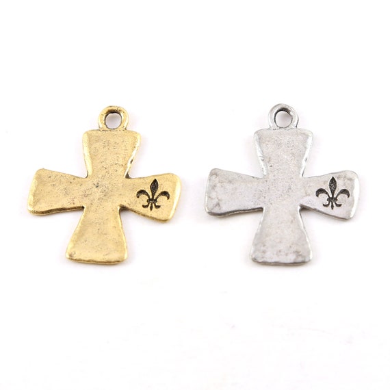 Fleur De Lis Stamped Edge Cross Pendant Pewter Religious Spiritual Catholic Necklace Charm 25mm x 30mm in Antique Gold or Antique Silver