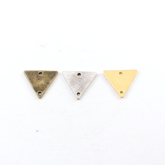 Pewter Metal Triangle Connector Stamping Blank Double Hole Pendant In Matte Gold, Antique Silver Antique Brass