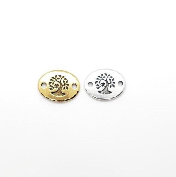 Tree Of Life Stamped Embossed Oval 2 Hole Connector Pewter Base Metal Charm Pendant Religious Spiritual Buddhist