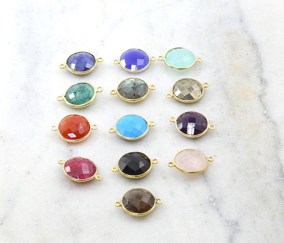 Round Semi Precious Faceted Gemstone Connector Bezel Charm / Gold Plated over Sterling or Sterling Silver / Choose your Stone