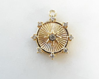 Dainty gold plated  sun dial disc compass cubic zirconia charm pendant 8 point pave cz coin charm