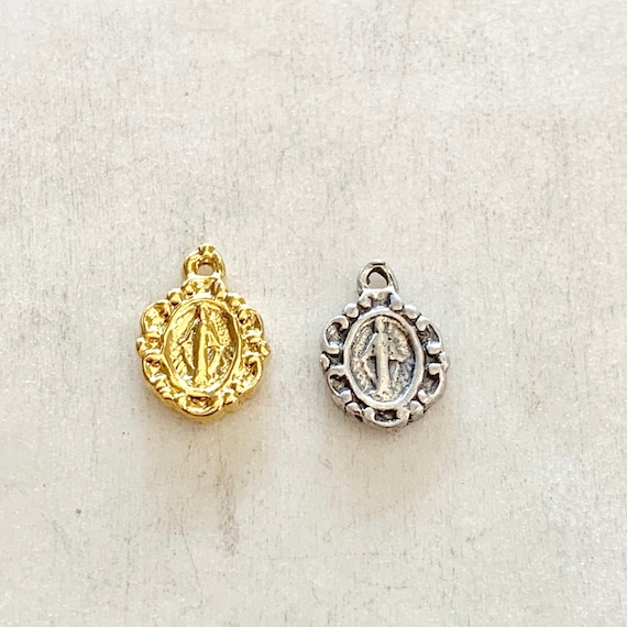 Teeny Tiny Sterling Silver or Vermeil Mother Mary Circle Round Medallion Charm with Miraculous Miracle on Back