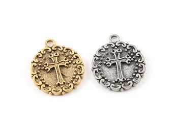 Pewter base metal raised cross coin charm with swirl edge pendant religious spiritual catholic christianity necklace charm