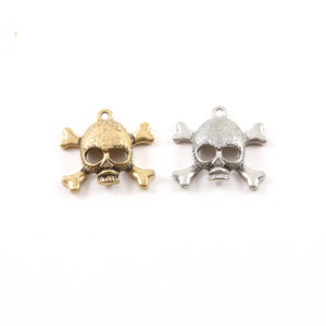 Pewter Skull and Bones Cross Bones Pirate Charm Pendant Halloween Skeletons Day of the Dead Charm in Antique Gold, Antique Silver