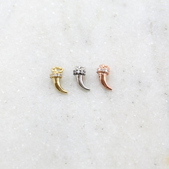 Tiny CZ Little Delicate Horn Good Luck Protector Charm Rhodium Plated in Gold, Silver or Rose Gold