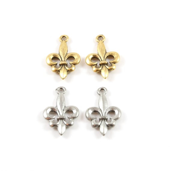 2 Pieces Simple Fleur De Lis Charm Pendant Pewter Necklace Charm 14mm x 22mm in Antique Gold or Antique Silver