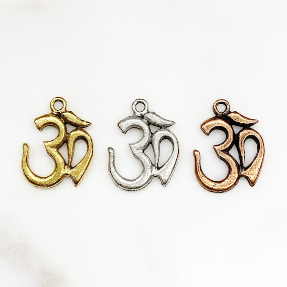 Large Ohm Om Pewter Necklace Charm Buddha Mantra Yoga Religious Spiritual 25mm x 19mm in Antique Gold, Silver, Or Copper