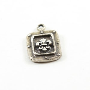 Sterling Silver Fleur De Lis on Rectangle Tag Charm with Beaded Detailing Pendant