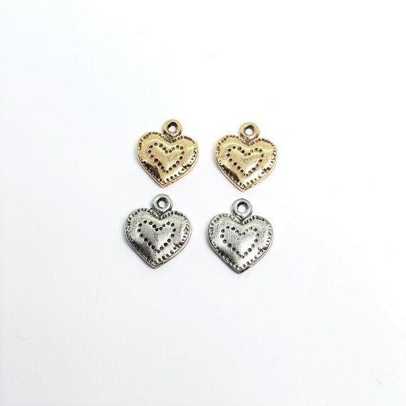 2 Pieces Small Pewter Stitched Heart Design with Loop,  Love ,Friendship, Small Pendant, Tiny Heart Charm, Antique Gold, Antique Silver