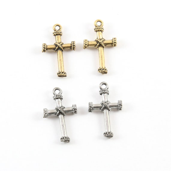 2 Pieces Pewter Base Metal Rope Design Cross Charm Pendant Religious Spiritual Catholic Christianity Necklace Charm