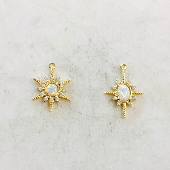 Gold CZ 8 Point Star Cubic Zirconia with Round or Oval Opal  Gold Plated Pave Charm Celestial Unique Charm