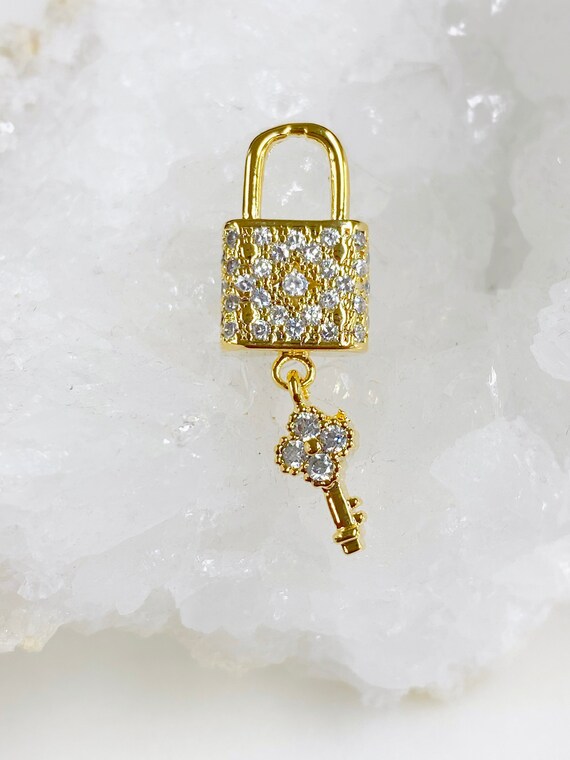 1 Piece CZ Pave Lock & Key Charm, Gold Plated Attached Lock And Key Unique Charm