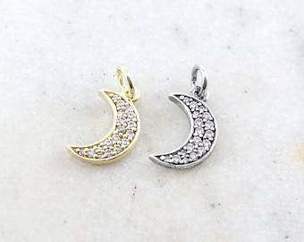CZ Crescent Moon Pave Cubic Zirconia Charm in Argento Sterling Ossidato o Oro Vermeil Celestial Unique Charm