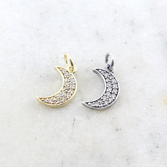 CZ Crescent Moon Pave Cubic Zirconia Charm in Oxidized Sterling Silver or Vermeil Gold Celestial Unique Charm