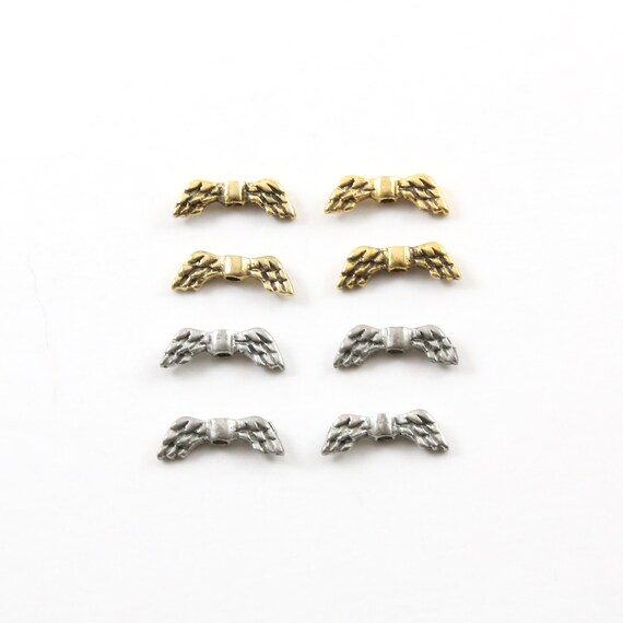 4 Pieces Small  Double Sided Detailed Pewter Angel Wing Vertical Spacer Bead Charm Pendant  Pendant Antique gold, Antique silver