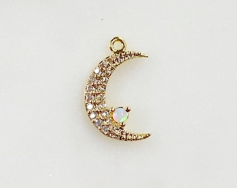 Thin small crescent moon cubic zirconia covered opal stone gold plated moon charm unique celestial charm